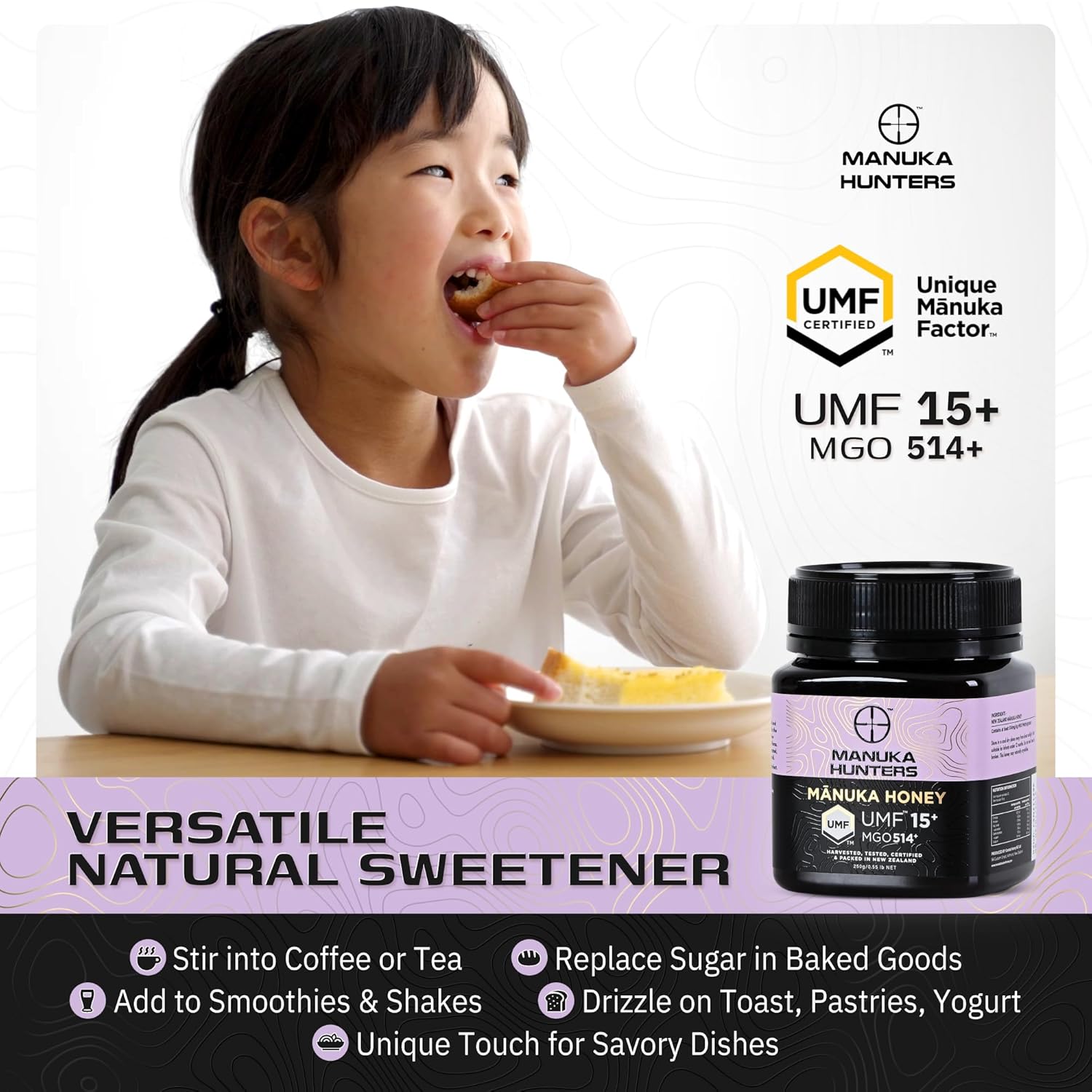 Manuka Hunters UMF 15+/MGO 514+ Certified New Zealand Manuka Honey - 100% Pure Natural Sweetener - Gluten, Dairy Free - Ideal for Tea, Coffee, Smoothies, and Baking - Sustainable - 8.8oz/250g Jar