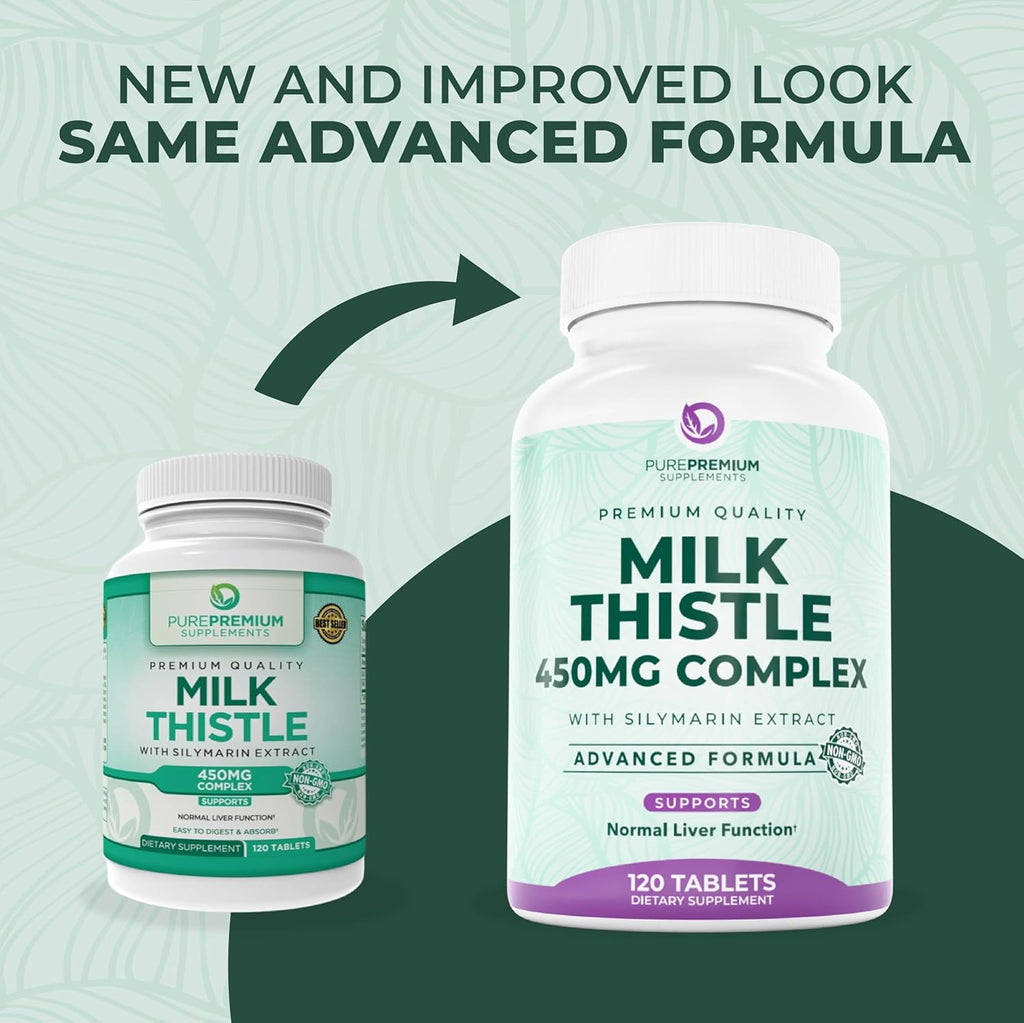 PurePremium Milk Thistle Supplement, 120 Tablets, 80% Silymarin Standardized Extract - High Potency Pure 450mg Complex – Supports Normal Liver Function & Overall Health – Non-GMO, Gluten-Free