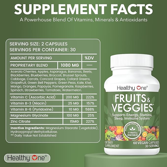 Fruits & Veggies Formula - 27 Premium Whole Foods - Organic Ingredients - Equals 3 Servings of Fruits & Vegetables - Improve Energy, Focus & Immune Function - Fiber - Antioxidants - 60ct (30 Serv)