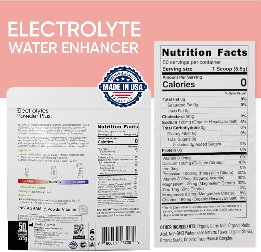 Electrolytes Powder Plus (50 Servings), 0 Calorie Keto, 0 Sugar, No Maltodextrin,1000mg Potassium,120mg Calcium,120mg Magnesium, Hydration Powder (50 Servings, Watermelon)