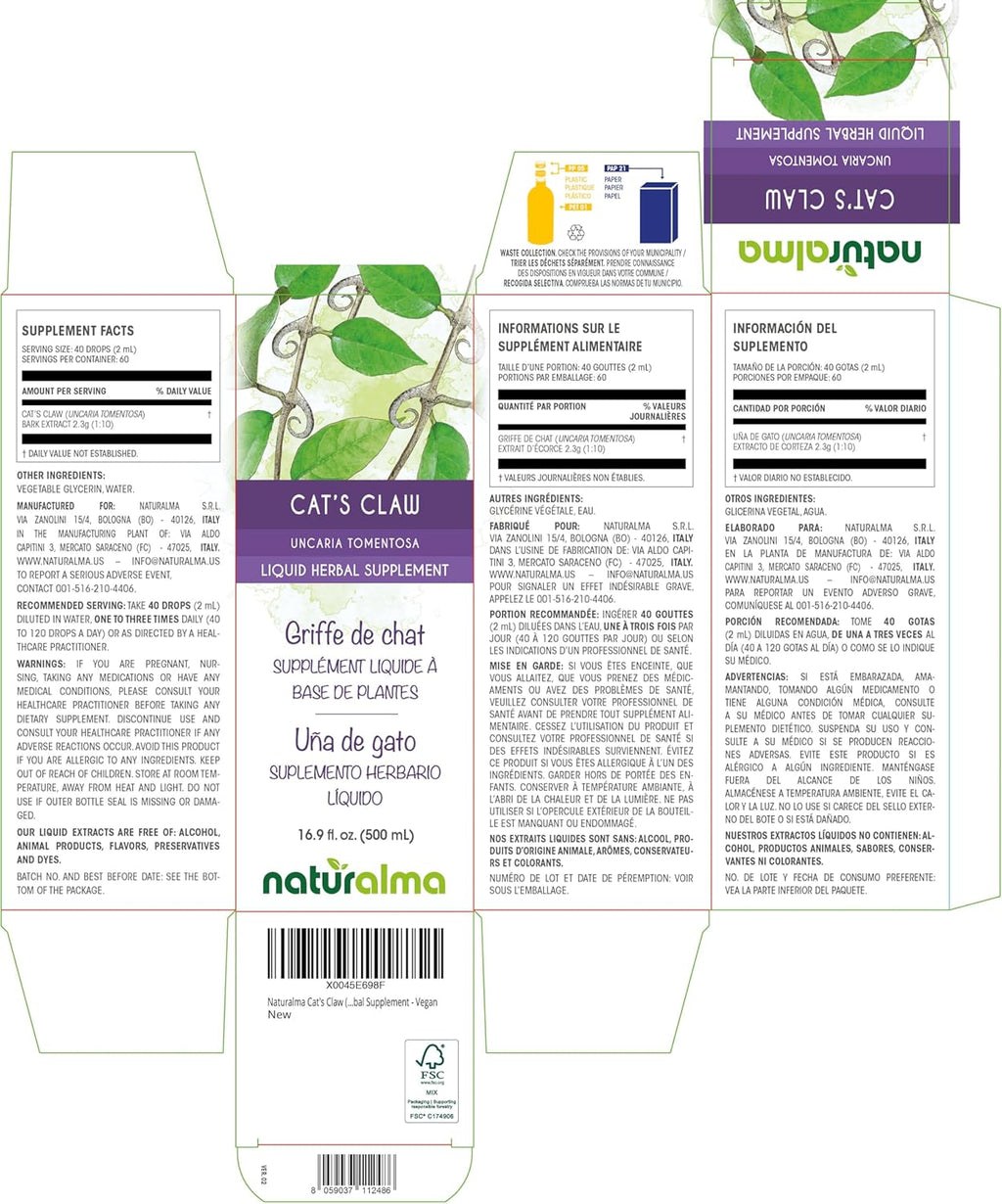 Naturalma Cat's Claw (Uncaria tomentosa) bark Alcohol-Free Tincture - 16.9 fl oz Liquid Extract in Drops - Herbal Supplement - Vegan
