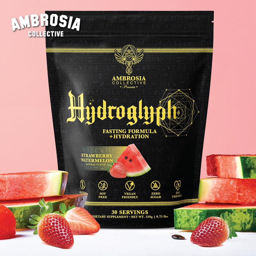 Ambrosia Hydroglyph Intraworkout Electrolytes Hydration Drink Mix | Sugar Free Electrolyte Powder with Amino Acids | Supports Lean Muscle During Fasting | 30 Servings | Strawberry Watermelon