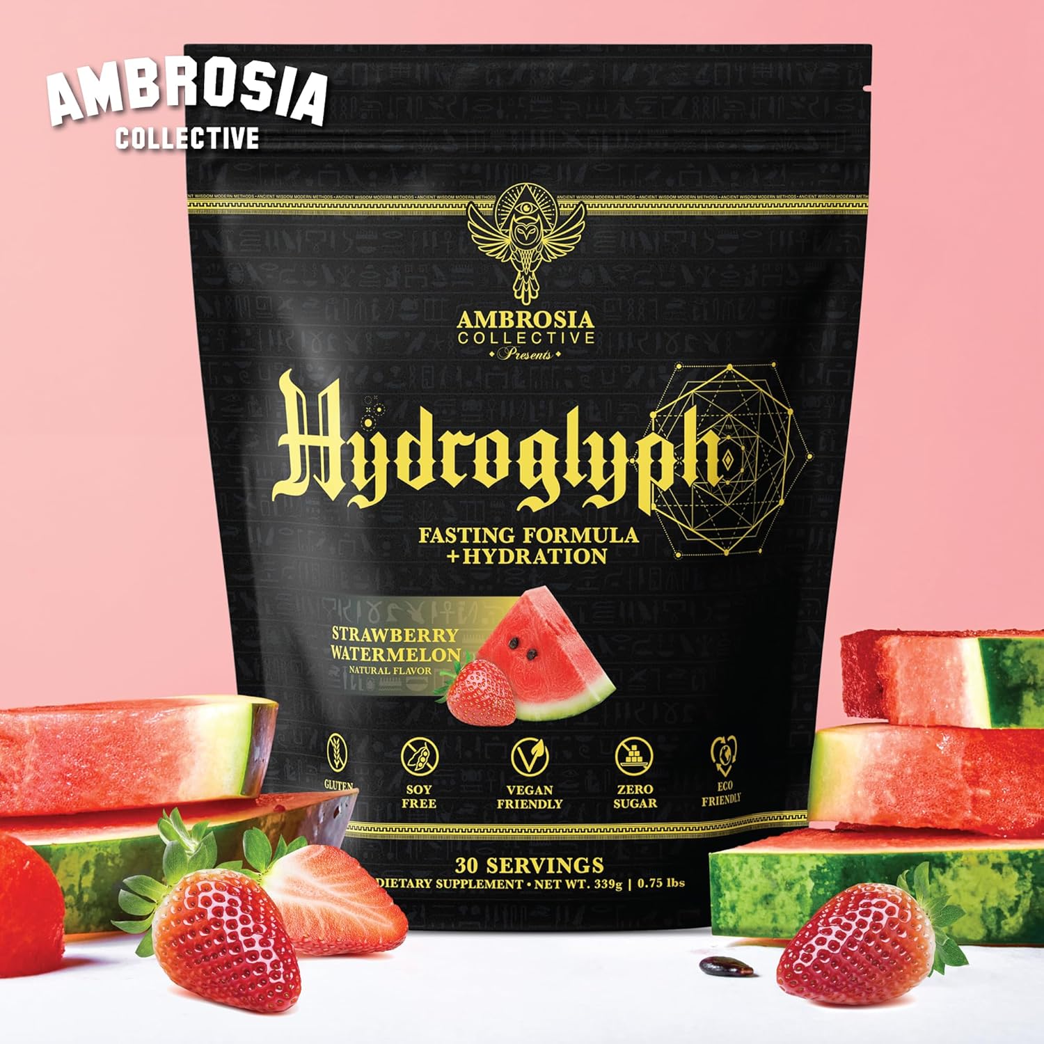 Ambrosia Hydroglyph Intraworkout Electrolytes Hydration Drink Mix | Sugar Free Electrolyte Powder with Amino Acids | Supports Lean Muscle During Fasting | 30 Servings | Strawberry Watermelon