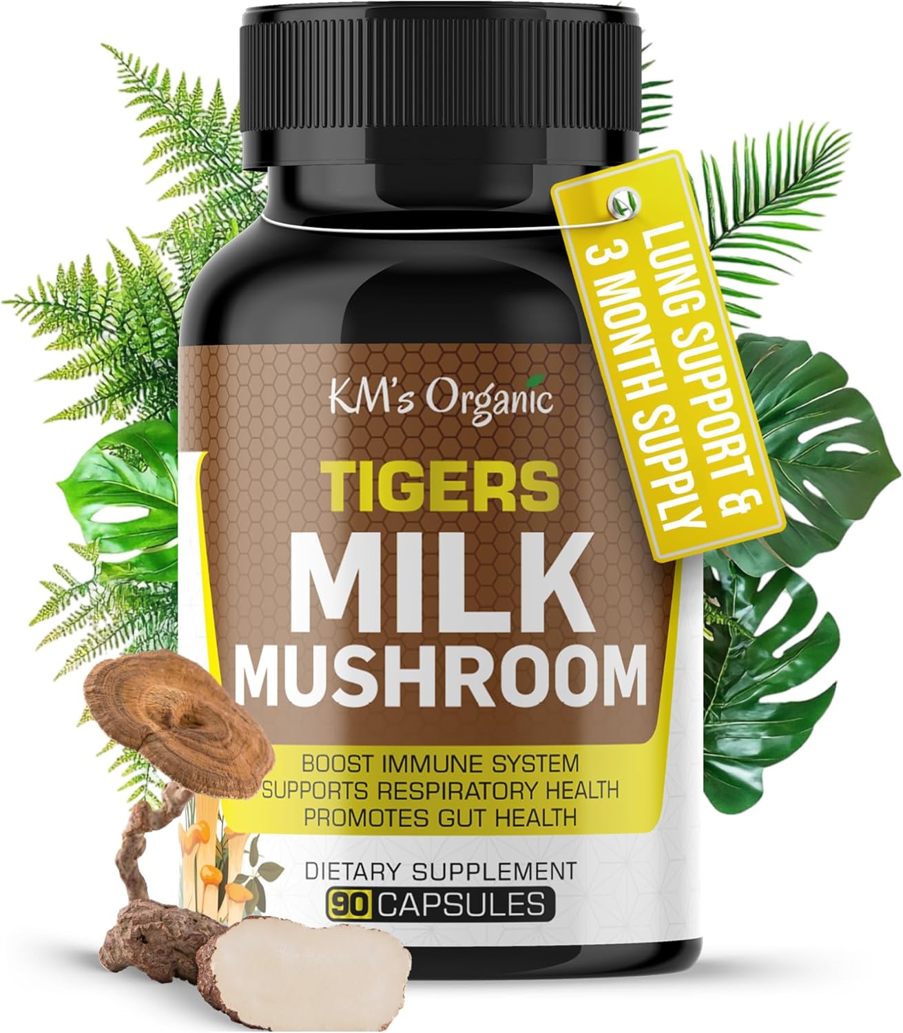 KM's Organic Tiger’s Milk Mushroom Supplement 10:1 Extract (Lignosus Rhinocerus) – Respiratory & Immune Support, Gut Health – 450 mg, 90 Vegan Capsules