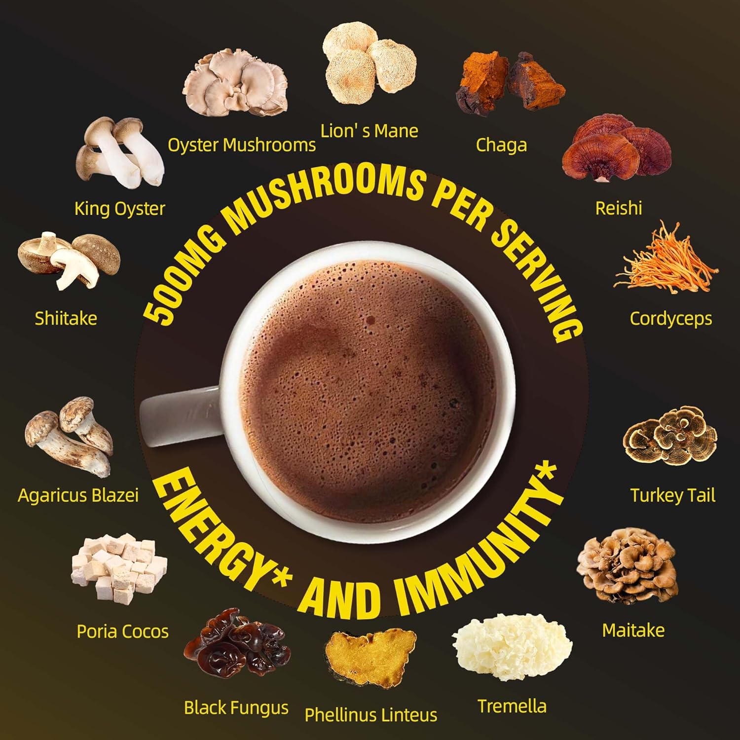 Mushroom Hot Chocolate | 14 Mushroom Blend with Adaptogens, Alpha GPC, Ginkgo Biloba & L-Theanine | Focus, Calm & Immune Support | Cacao Powder | Vegan, Keto, Gluten-Free | 8.5 Oz