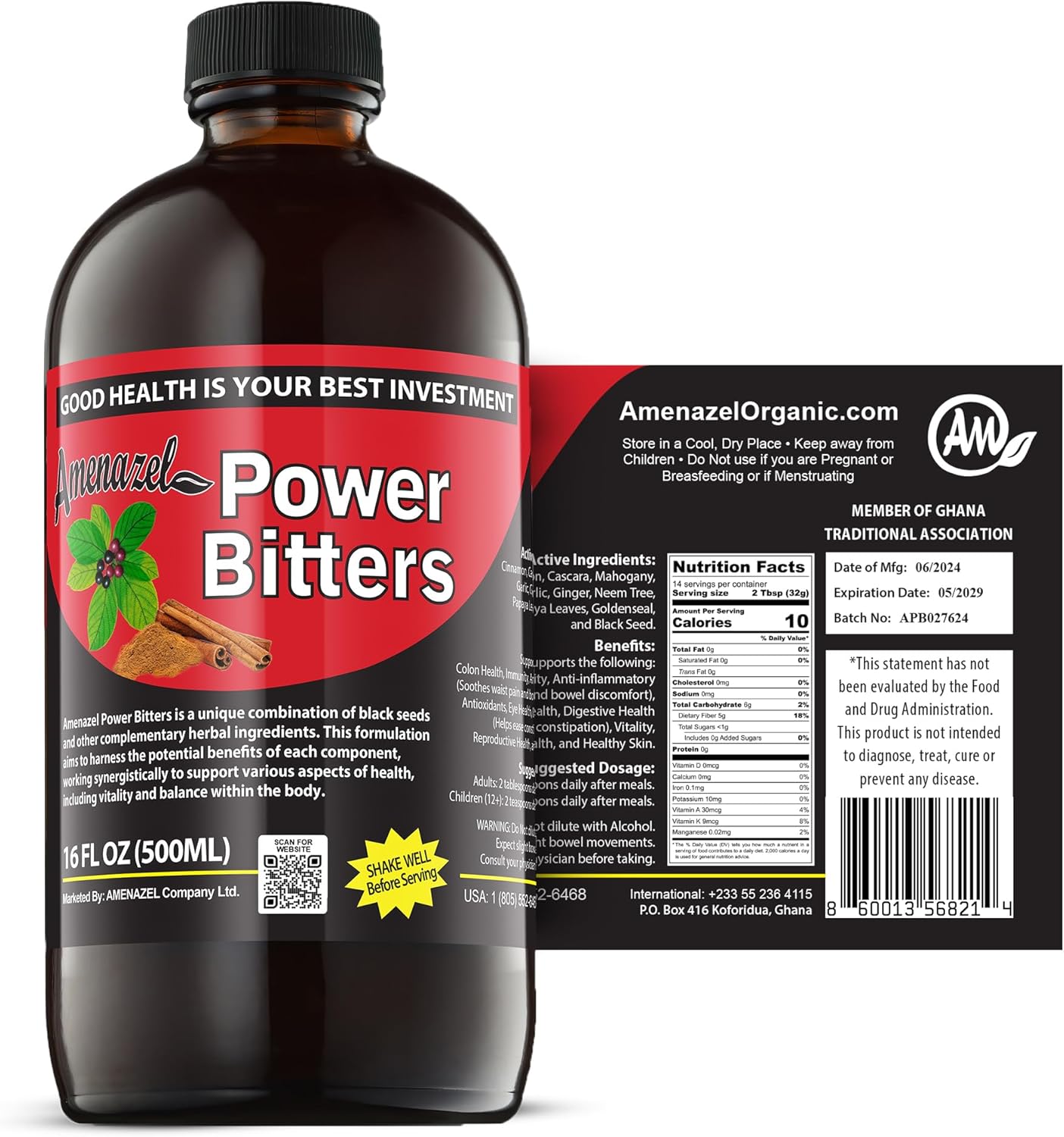 Amenazel Organic Power Bitters, 16 fl oz.