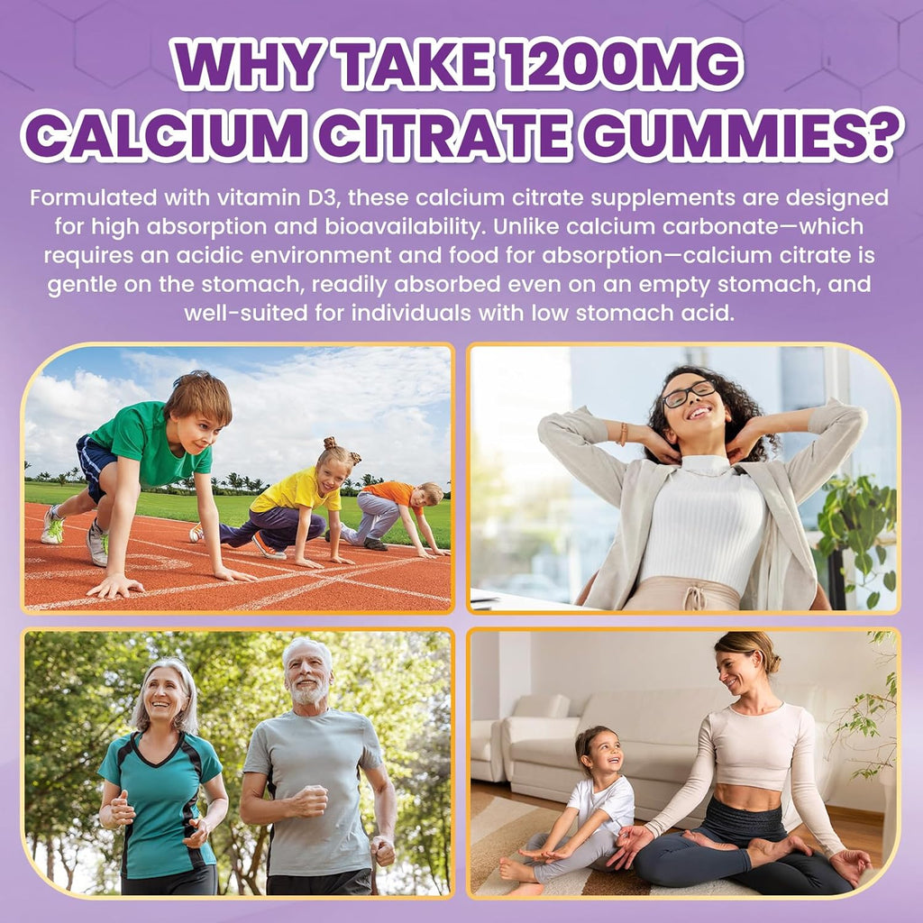 Calcium Citrate Gummies - 1200mg Calcium Gummies Supplements for Women & Men with Vitamin D3, K2, Magnesium, Zinc High Absorption for Bone, Muscle & Immune Support, Grape Flavor, 120 Count