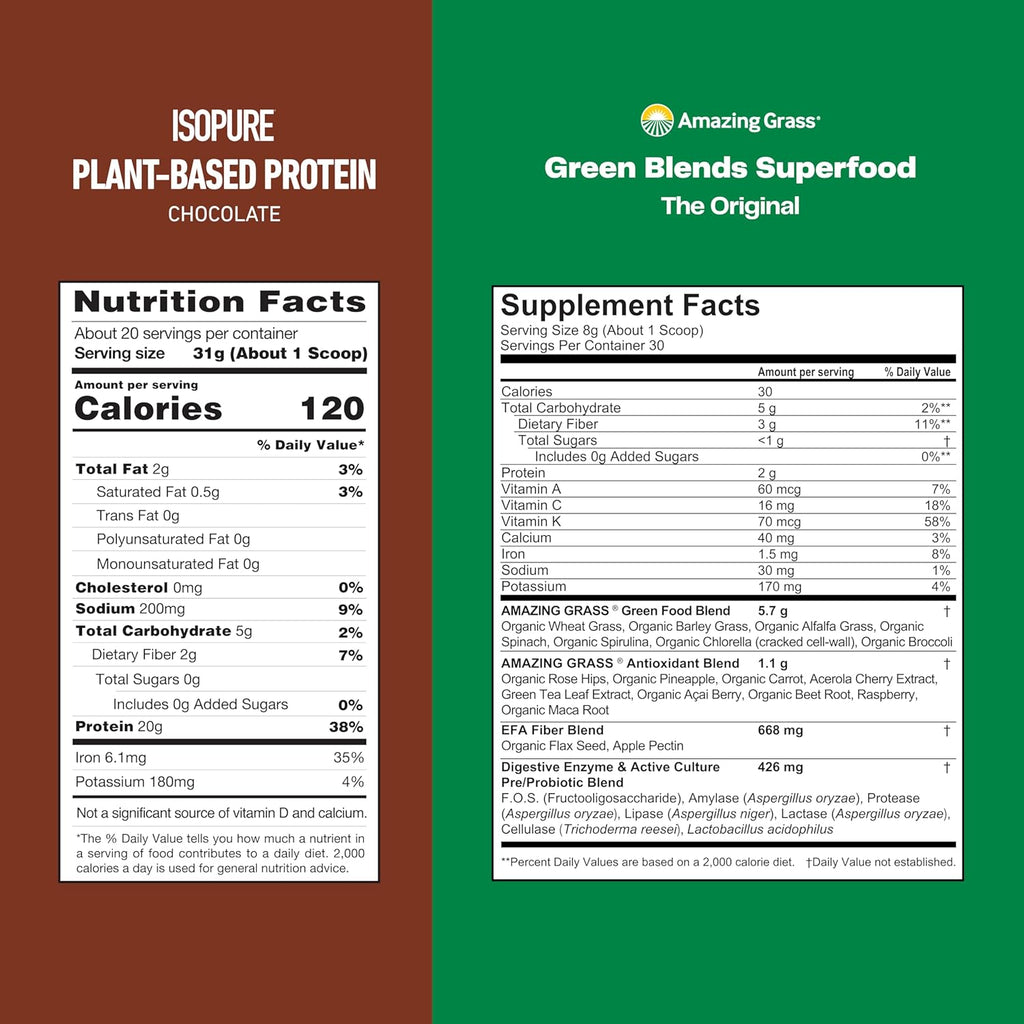 Bundle of Amazing Grass Greens Superfood Powder: Original, 30 Servings + Isopure Chocolate Vegan Protein Powder, Plant Based, Organic Pea Protein, Dairy Free, 20 Servings (Packaging May Vary)
