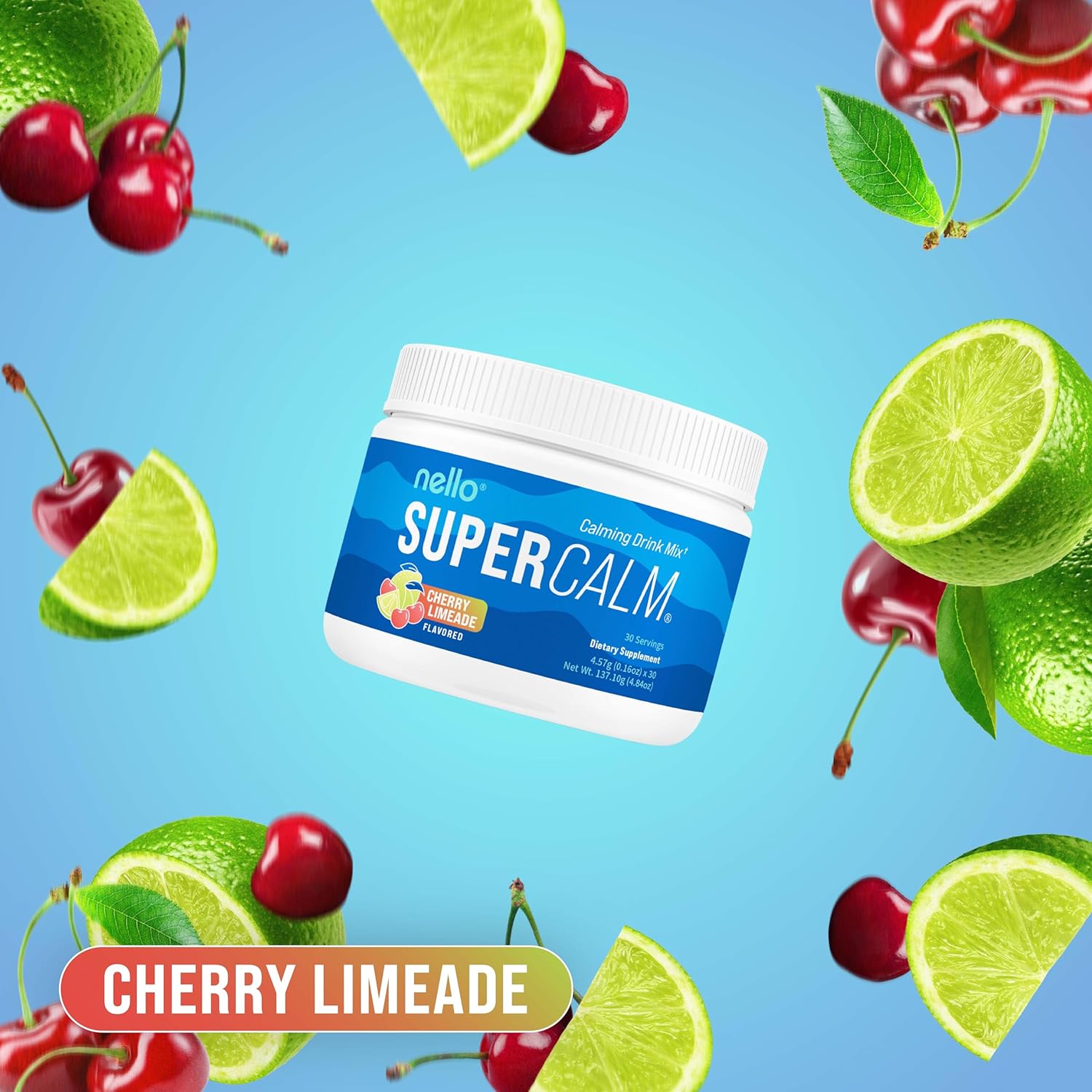 Nello Supercalm Powdered Drink Mix Tub, Cortisol Reducer* and Sleep Aid Supplement, L Theanine, Ksm-66 Ashwagandha, Magnesium Glycinate, Vitamin D 3, No Sugar, Non GMO, 30 Ct, Cherry Limeade