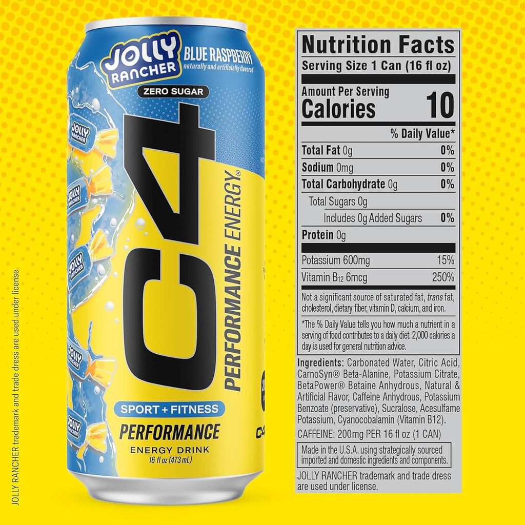 Cellucor C4 Performance Energy Drink | JOLLY RANCHER Blue Raspberry | Zero Sugar Carbonated Preworkout Energy | 200mg Caffeine with Beta Alanine | 16 Fl Oz (24 Pack)