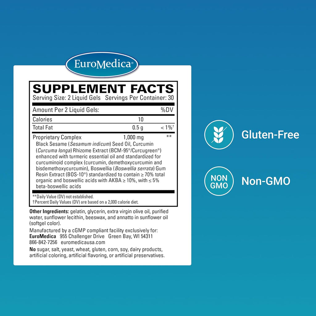 Euromedica Acute Pain Relief - Dietary Supplement with BCM-95 Curcumin & BOS-10 Boswellia - Black Sesame Seed Oil Supplement to Support Relief of Occasional Discomfort - 60 Liquid Gels