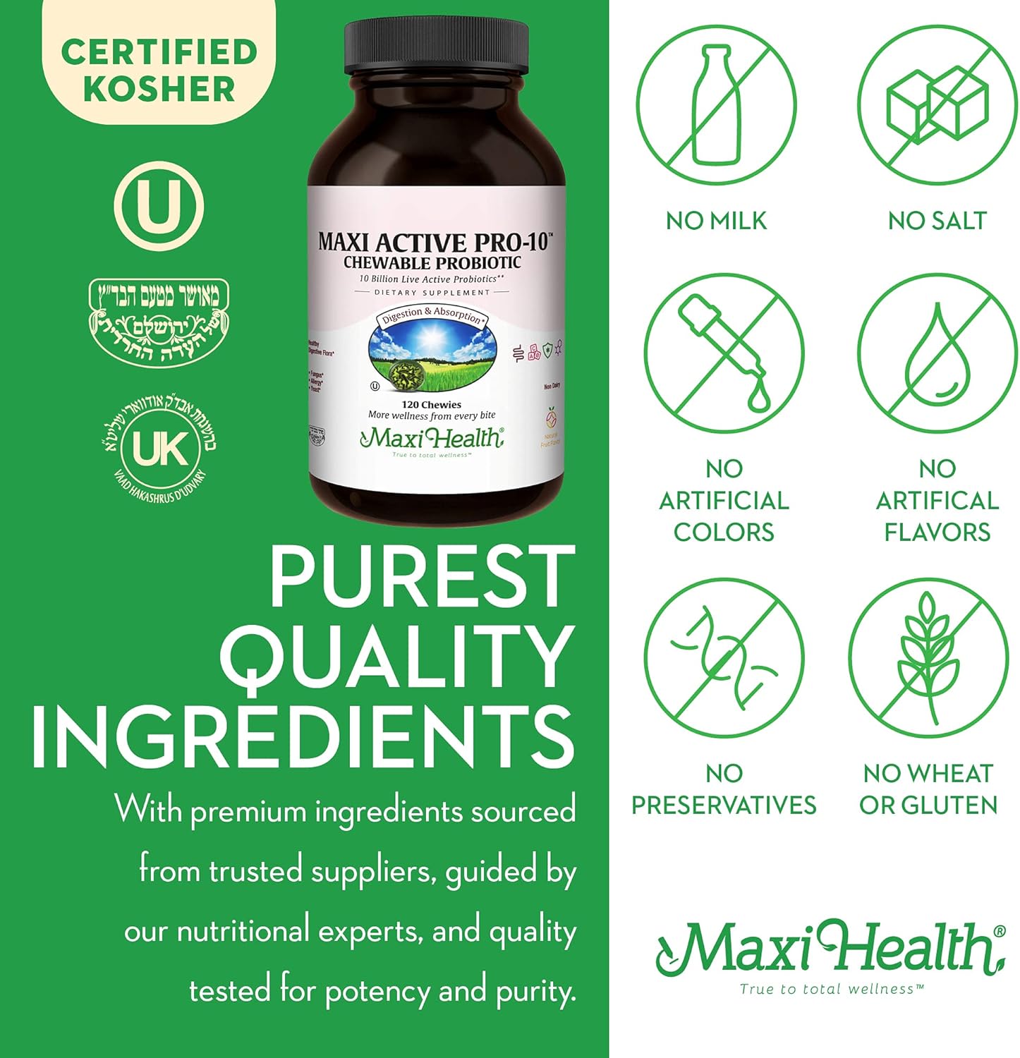 Maxi Health Active Pro-10 Kids Probiotic Chewables – 15 Strains for Digestive & Immune Health –10 Billion probiotic Blend- Dairy-Free, Kosher – Supports Gut Health, Vegetarian – 60 ct (Shelf Stable)
