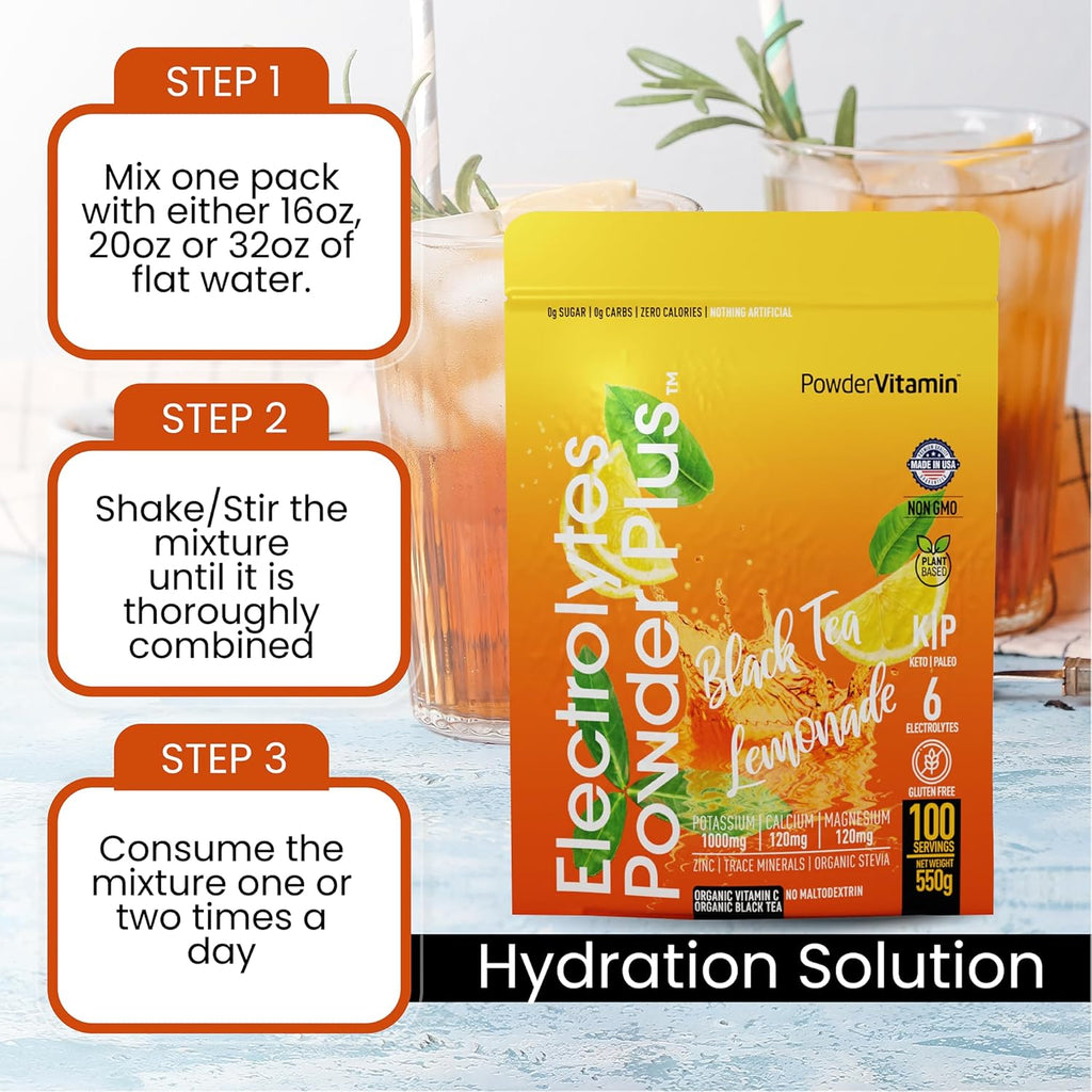PowderVitamin Electrolytes Powder Plus (100 Servings) Black Tea Lemonade Electrolyte Powder Zero Calorie Keto,0 Sugar, No Maltodextrin,1000mg Potassium,120mg Calcium,120mg Magnesium, Hydration Powder