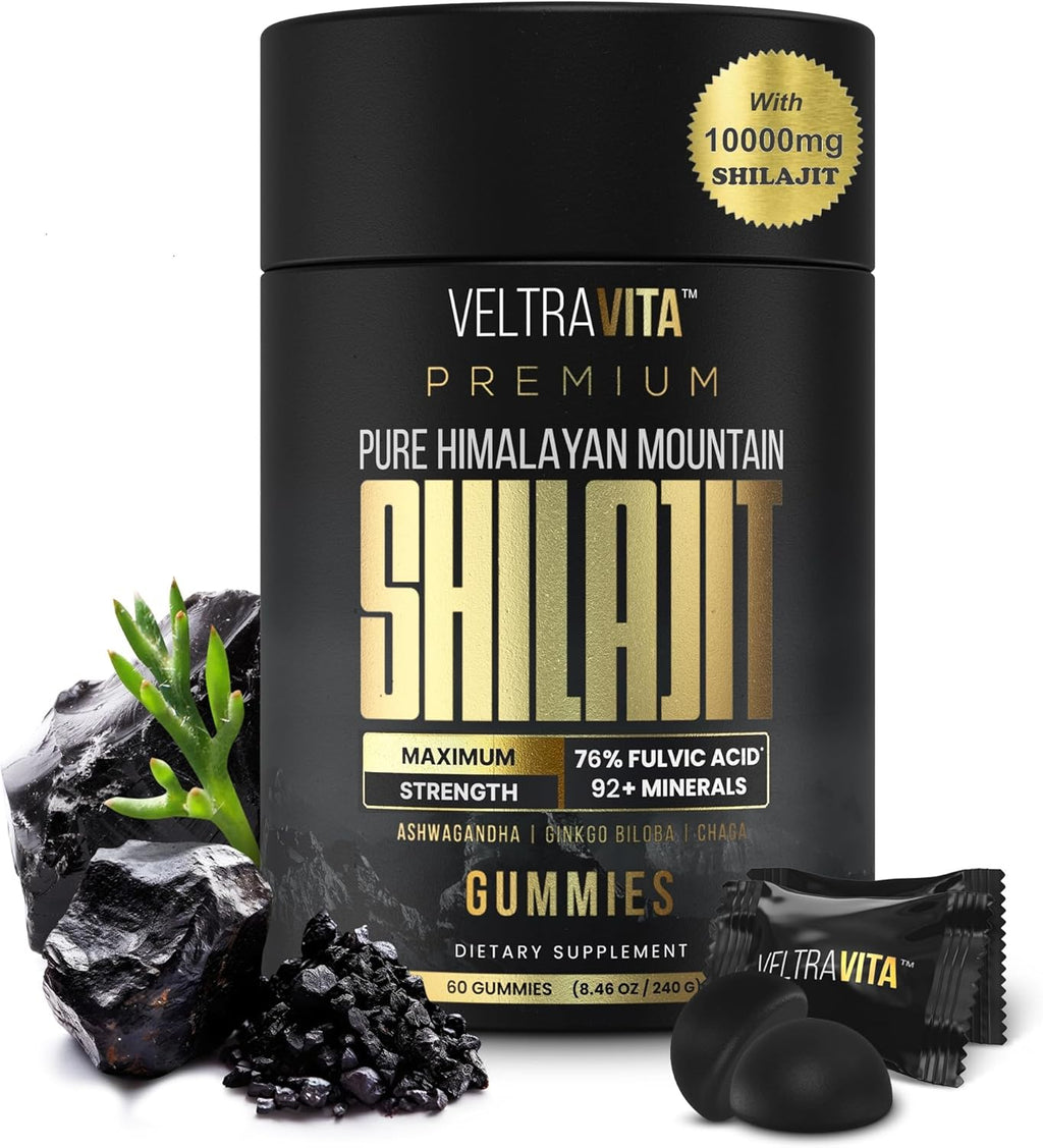 Pure Himalayan Shilajit Gummies with Ginkgo Biloba, Chaga & KSM-66 Ashwagandha | Shilajit for Men & Women |10000 mg Max Potency | 76%+ Fulvic Acid & 92+ Trace Minerals | Sugar Free