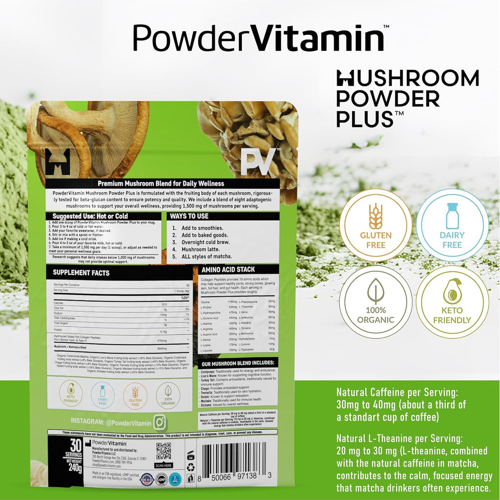 Organic Ceremonial Mushroom Matcha Certified Pesticide-Free Grass-Fed Collagen Types I & III 8 Fruiting Body Mushrooms Tested for Beta-Glucans Focus Digestion & Immunity 30 Servings