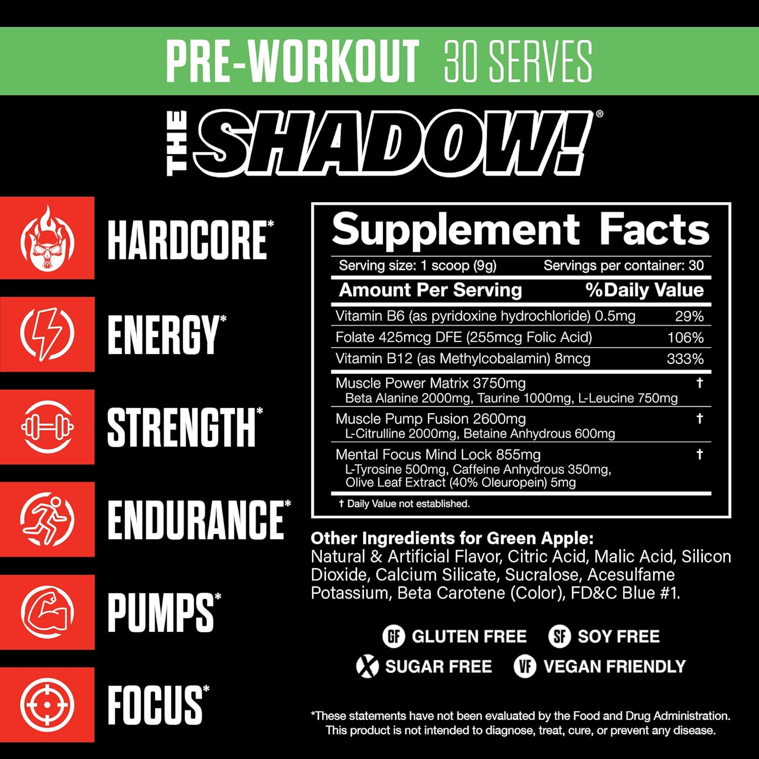 JNX SPORTS The Shadow! 350mg of Caffeine Hard Core Preworkout - Green Apple 30 Servings | Electric Energy, Mental Focus & Superhuman Strength for Men & Women