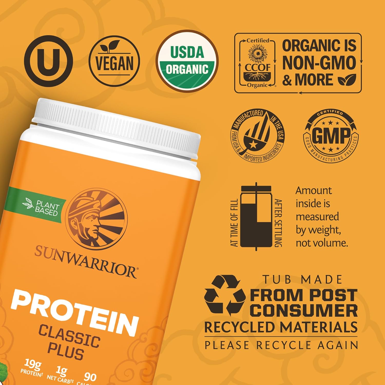 Vegan Organic Protein Powder Plant-based | 5 Superfood Quinoa Chia Seed Soy Free Dairy Free Gluten Free Synthetic Free NON-GMO | Unflavored 30 Servings | Classic Plus by Sunwarrior