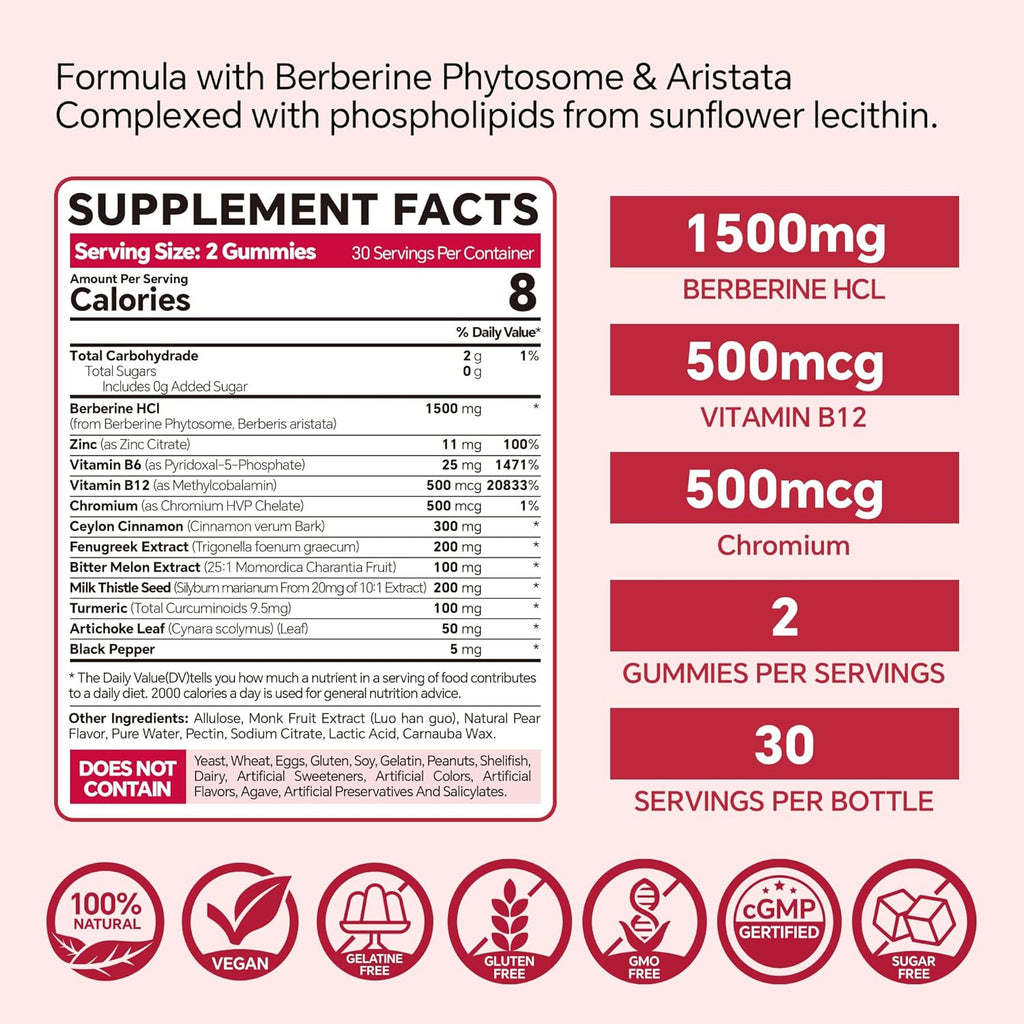 Berberine Supplement 1500mg,Sugar Free Berberine with Ceylon Cinnamon Gummies,Chromium,Turmeric, Fenugreek for Naturally Metabolism Balanced, Berberine HCl from Indian Barberry Extract, 120 Cts