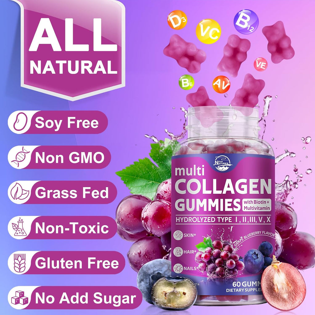Nature's live Multi Collagen Peptides Gummies, Type I, II, III, V, X - Hydrolyzed Collagen Peptides Gummies, Supports Healthy Skin, Strong Nails & Thick Hair, Grape Blueberry Flavor, 60 Count