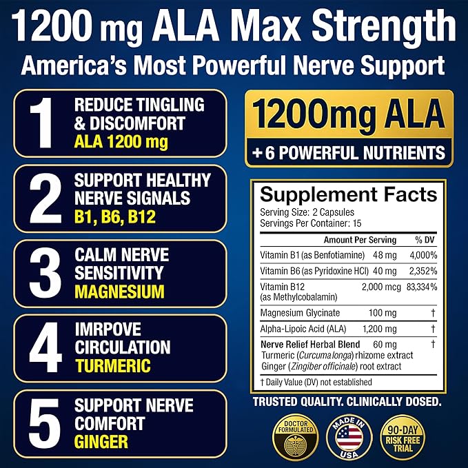 Nerve Relief Neuropathy Sciatica Support Supplement with 1200 mg Alpha Lipoic Acid to Reduce Nerve Discomfort in Feet Hands Toes – 1200mg ALA, Vitamins B12 B6 & B1, Magnesium, Turmeric – 30 Capsules