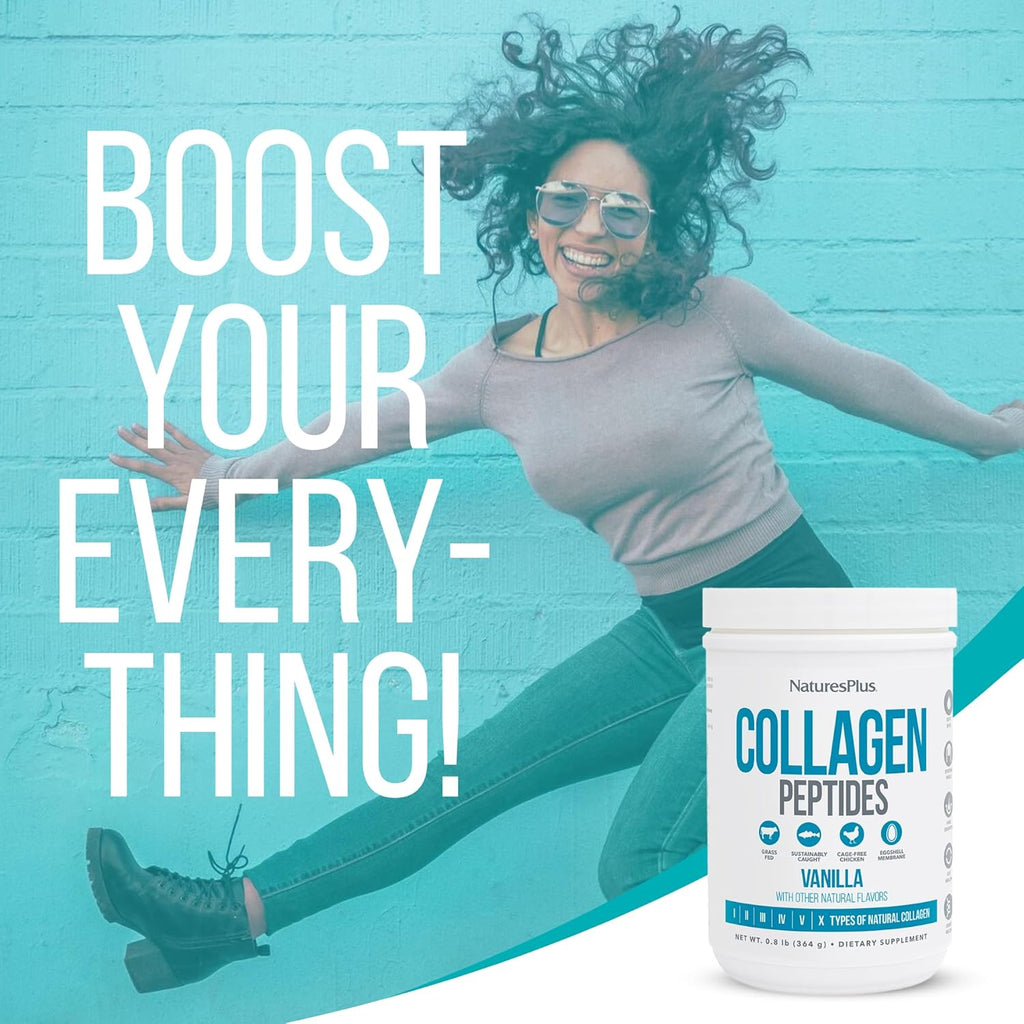 Natures Plus Collagen Peptides, Vanilla - 0.8 lb Powder - Hair, Skin, Nail & Joint Health, Immune System Support - Non-GMO, Gluten Free - 14 Servings