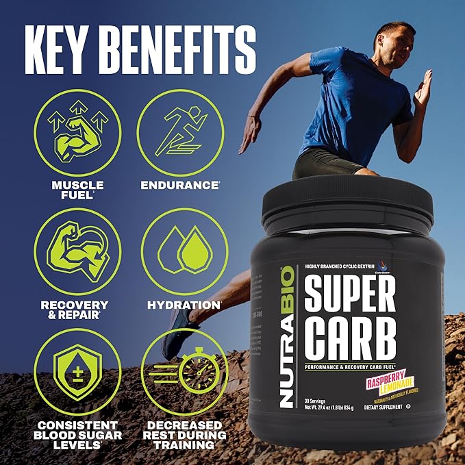 NutraBio Super Carb, Carbohydrate Powder with Cluster Dextrin & Electrolytes, Advanced Carb Supplement Powder for Workout Fuel,Performance, and Muscle Recovery,Cyclic Dextrin,Raspberry Lemonade, 30 Sv