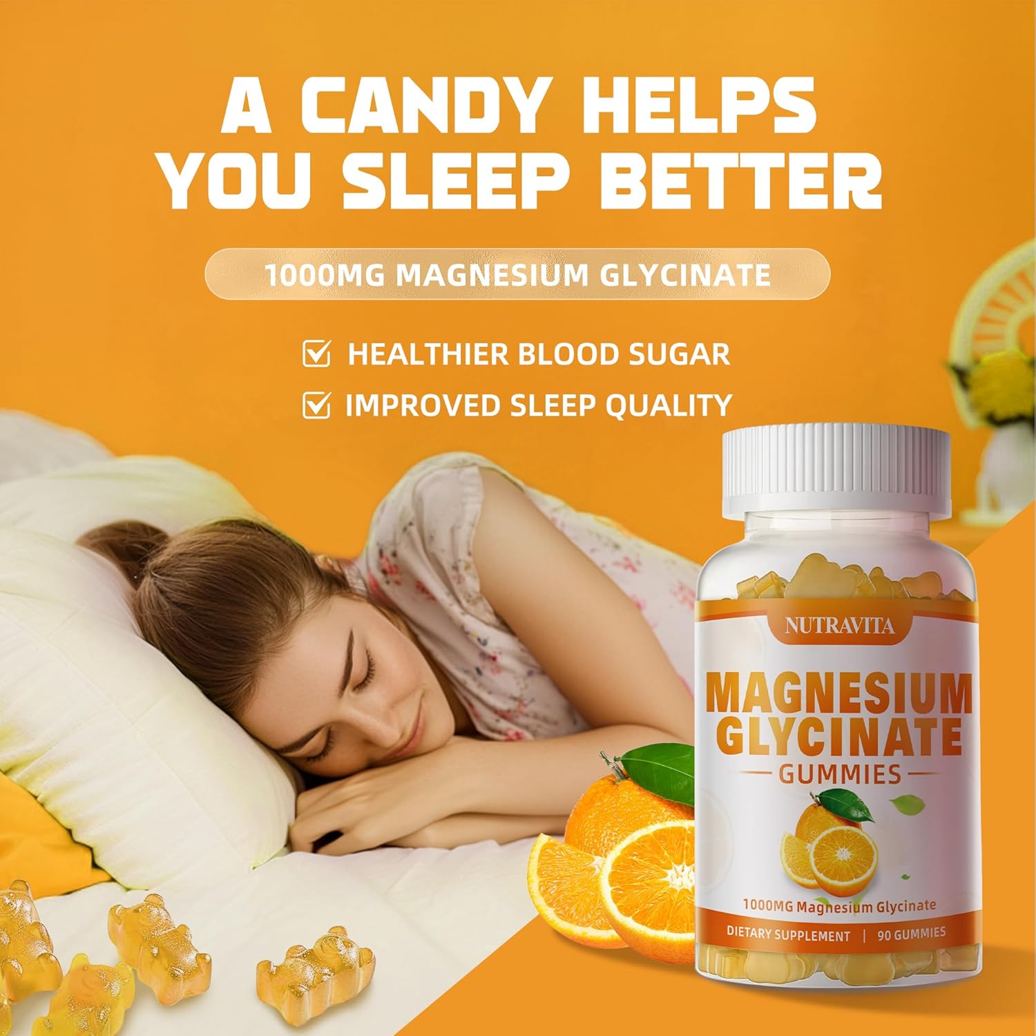 Magnesium Glycinate Gummies 1000mg with Magnesium L-Threonate,Chelated Magnesium Potassium Complex Supplement with VitD, B6, CoQ10, Calcium,Supports for Memory, Calm, Mood - 90 Gummies Orange