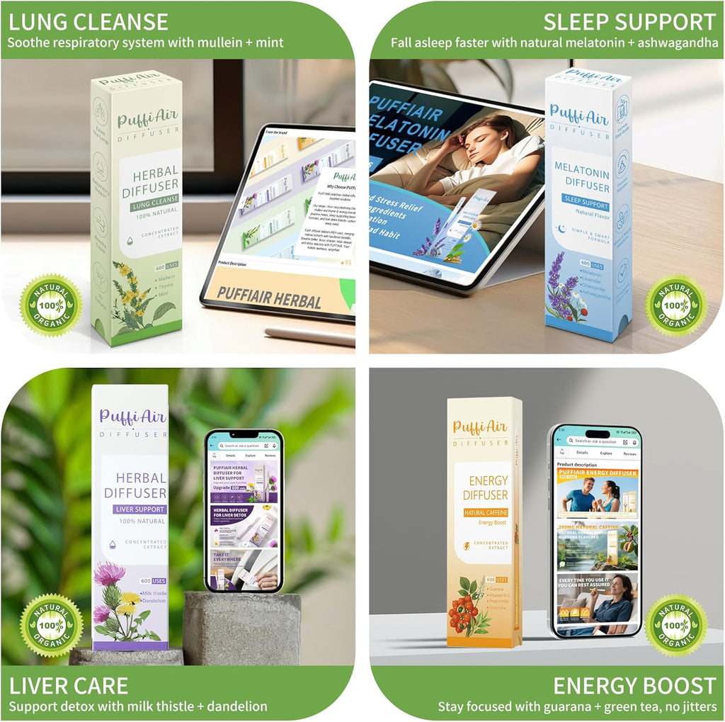 4-in-1 Complete Wellness Herbal Diffuser Bundle: Sleep Support, Lung Detox, Energy Boost & Liver Cleansing – 600 Uses Per Stick