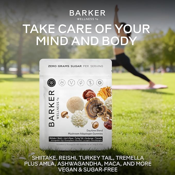 Barker Wellness Adaptogen Mushroom Gummies with Lion's Mane, Cordyceps, Reishi & Shiitake | Vegan Sugar-Free Immune System Support, Natural Energy, Enhanced Focus & Mood for Adults | 60 Count