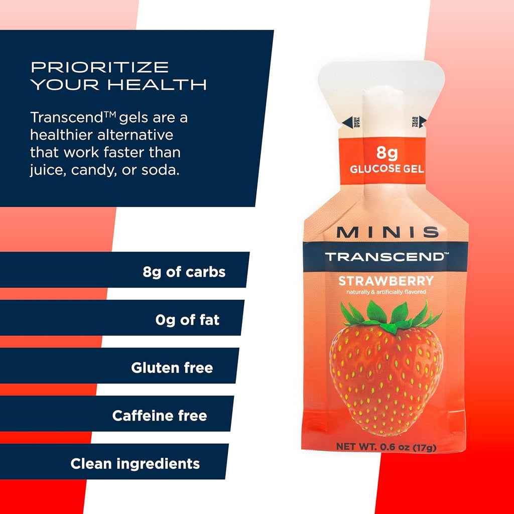 Transcend Foods Mini Strawberry Gel (.6 oz, Pack of 12) Fast-Acting Carb Gel Strawberry Flavor – Travel Size, Caffeine Free, Gluten Free