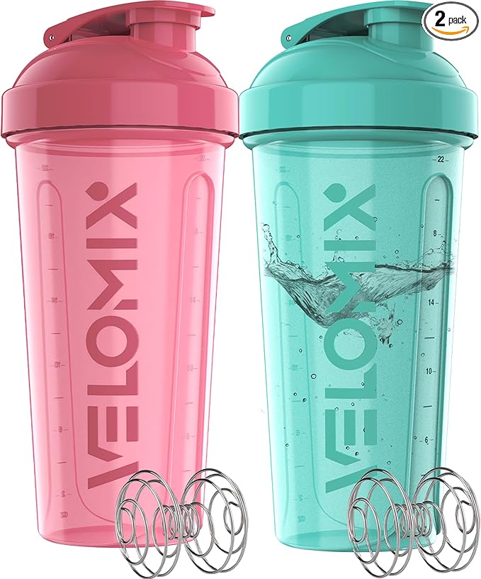 VELOMIX -2 Pack- 28 oz Protein Shaker Bottles for Protein Mixes - 2x Wire Whisk | Leak Proof Shaker Cups for Protein Shakes | Protein Shaker Bottle Pack (Pink/Turquise)
