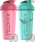 VELOMIX -2 Pack- 28 oz Protein Shaker Bottles for Protein Mixes - 2x Wire Whisk | Leak Proof Shaker Cups for Protein Shakes | Protein Shaker Bottle Pack (Pink/Turquise)