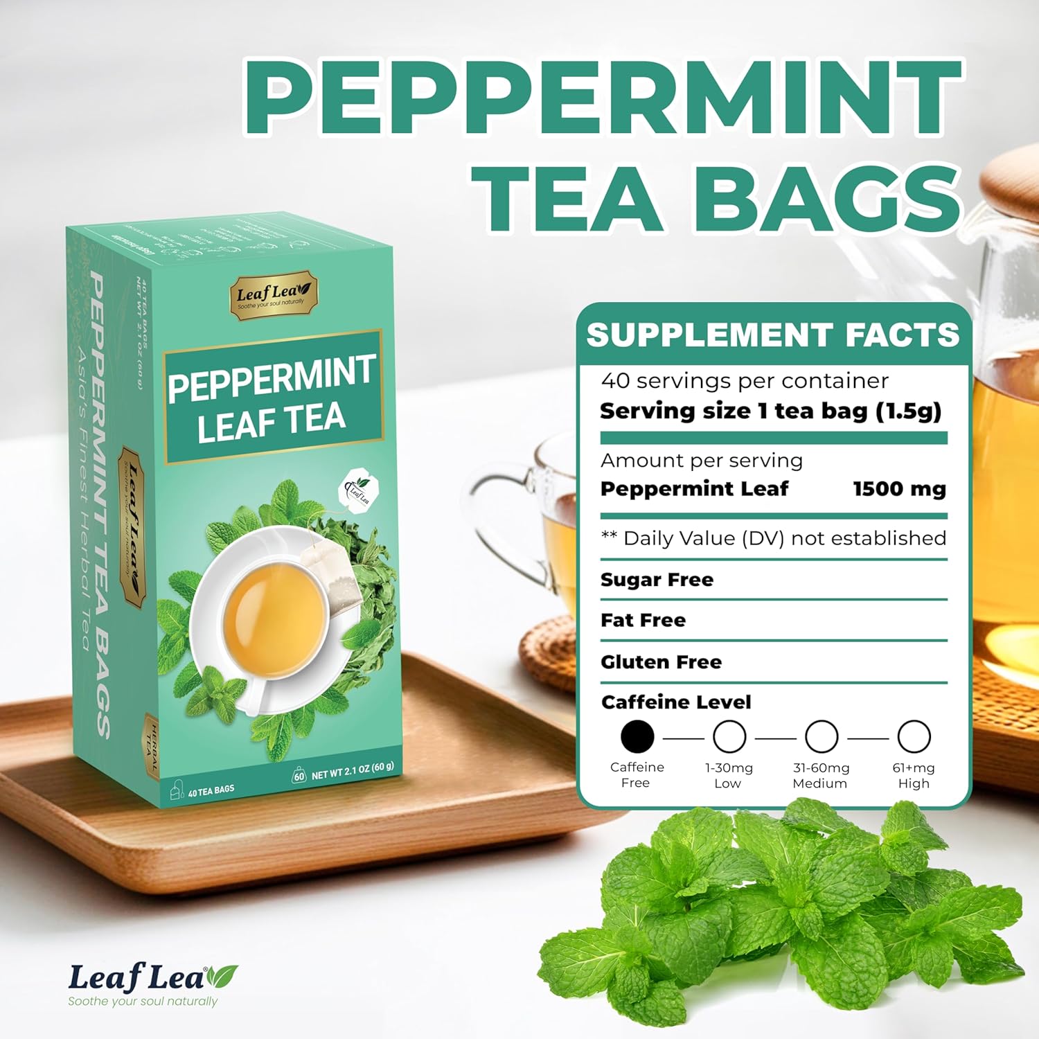 LeafLea 80 Premium Peppermint Tea Bags, 100% Natural Peppermint Leaf Tea, Te de Menta for Soothing Throat & Refreshing Breath, Light and Smooth Flavor, Caffeine-Free, Sugar-Free, Individually Wrapped