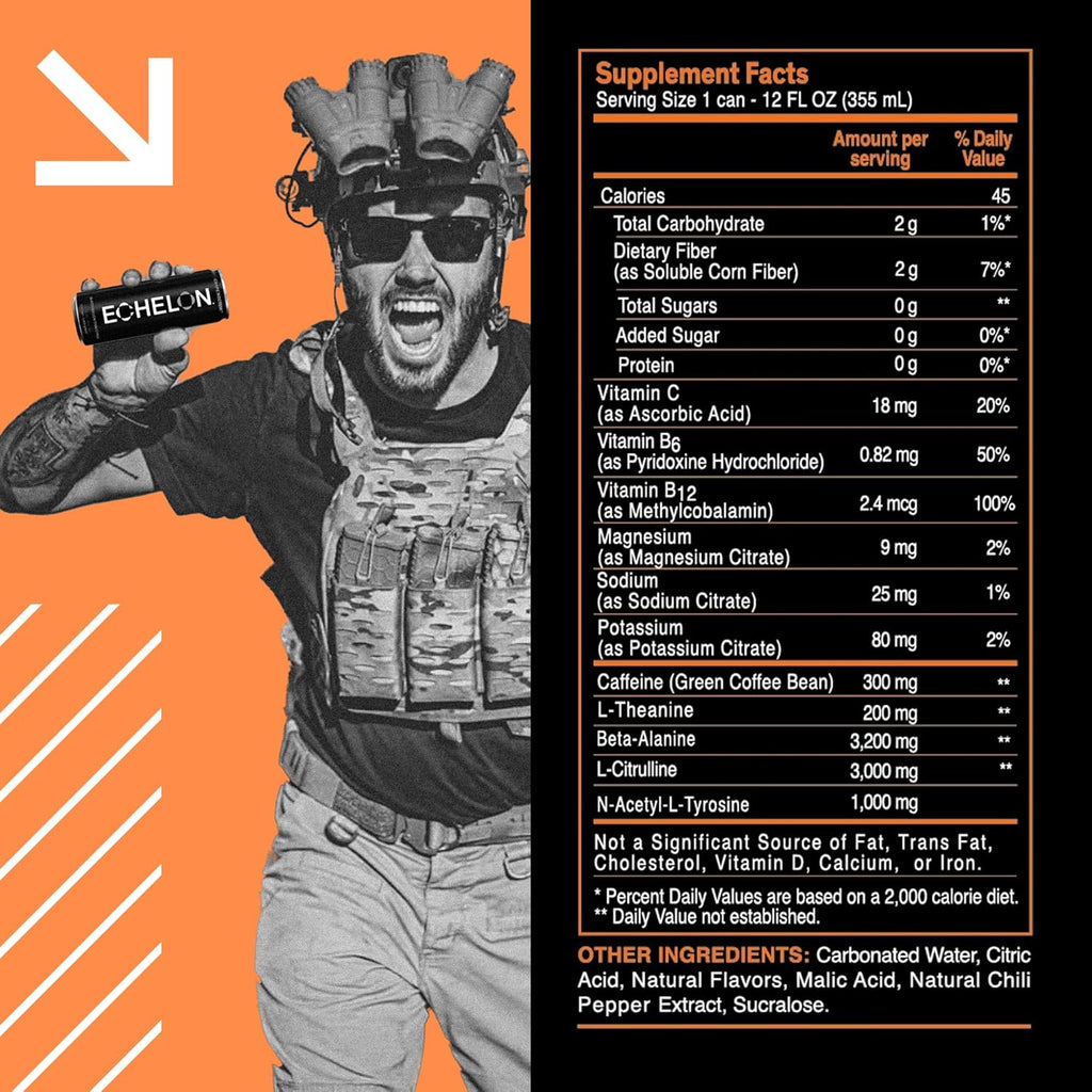 Echelon Pre-Workout Energy Drink - 12-Pack, Mango Reaper - Peak Performance, Sustained Energy, Focus and Endurance Dietary Supplement - 300mg of Caffeine, Beta-Alanine, L-Theanine & Fiber - Vegan