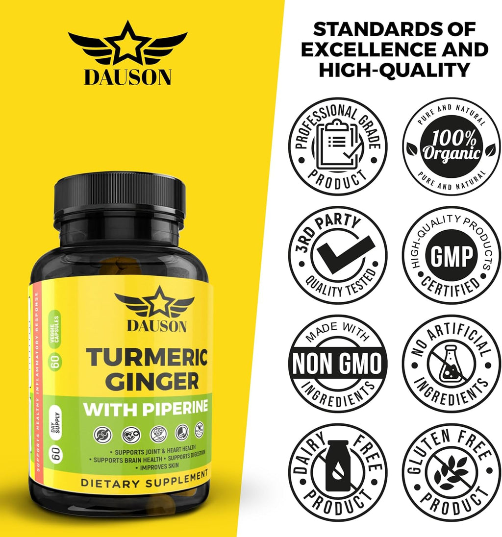 Turmeric Ginger Piperine Capsules – Curcumin 95% with Black Pepper, Vitamin C, D3 & Zinc – Gut, Joint & Immune Support – Vegan Supplement – 60 Capsules
