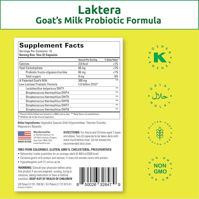 Dr. WellMe Laktera Allergy-Free Probiotics – 30 Capsules, 12B CFU Goat’s Milk Probiotic Formula, Immune & Gut Health Supplements – Low Lactose, Gluten-Free for Adults & 7+ Children