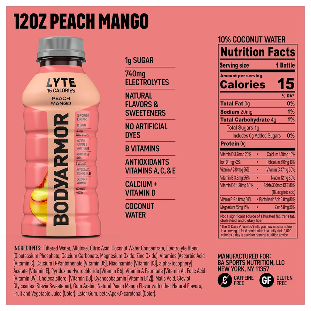 BODYARMOR LYTE Sports Drink Low-Calorie Sports Beverage, Peach Mango, Coconut Water Hydration, Natural Flavors With Vitamins, Potassium-Packed Electrolytes, Perfect For Athletes, 12 Fl Oz (Pack of 8)