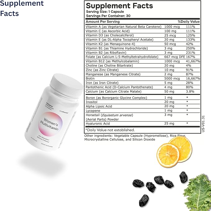 Womens Methylated Multivitamin Multimineral Horsetail, Iron, Biotin Complex with L Methylfolate for Ultra Absorption