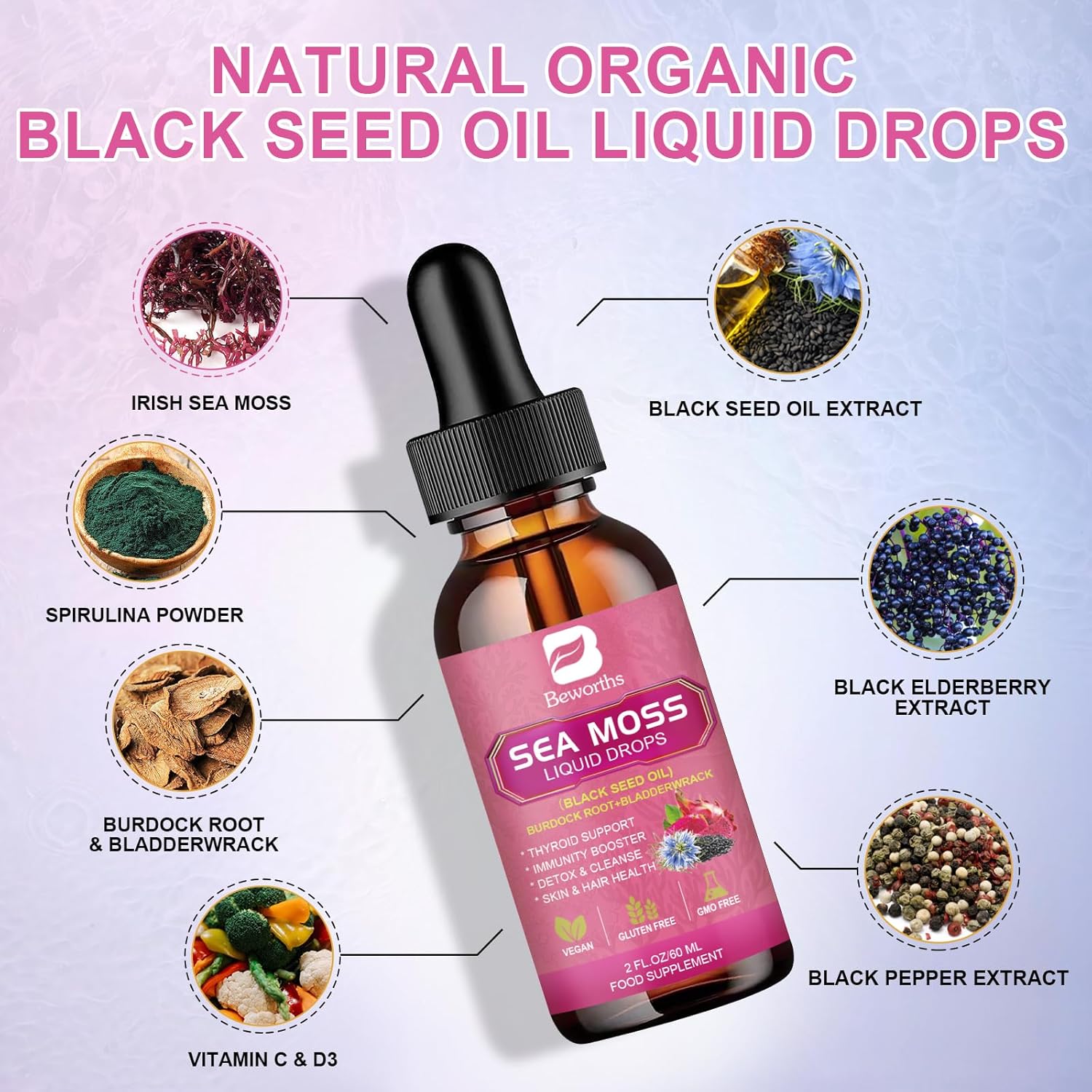 B BEWRTHS Sea Moss Liquid Drops - Black Seed Oil & Irish Sea Moss Gel with Burdock Root Bladderwrack, Elderberry, 6X Stronger Qrganic Seamoss Raw Supplement for Digestive, Hair Health - Vegan, 2 Fl.oz