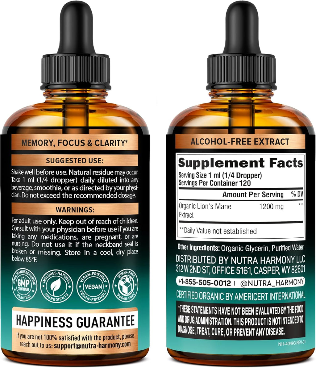 Lions Mane Liquid - USDA Certified Organic Lions Mane Supplement - Brain Support, Energy, Memory & Focus - Sugar & Alcohol-Free Lion's Mane Mushroom Extract 144,000 mg / Bottle, 4fl oz, 4 Month Supply