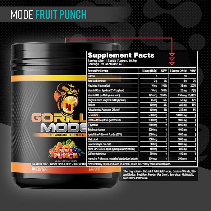 Gorilla Mode Pre Workout - Massive Pumps Laser Focus Energy Power - L-Citrulline, Creatine, L-Tyrosine, Betaine, Hydroprime, Alpha-GPC, 400mg Caffeine, Huperzine A - 816g (Fruit Punch)