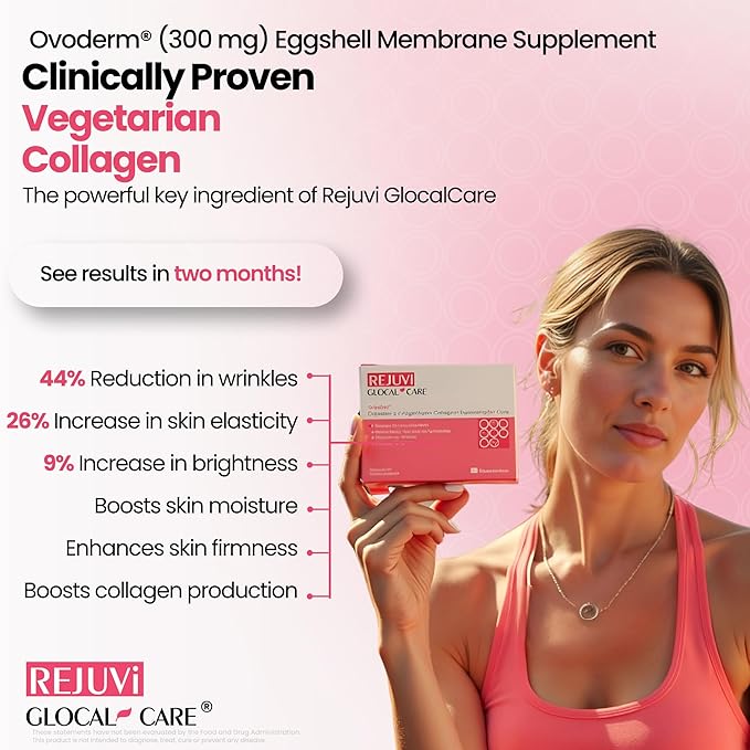 GlocalCare Rejuvi Collagen Booster – 300mg Ovoderm Vegetarian Collagen for Skin Elasticity, Firmness & Joint Support – Biotin, Grape Seed Extract, CoQ10 (20 Capsules)