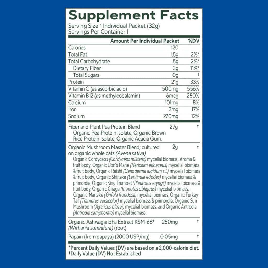 OM MUSHROOM SUPERFOOD Master Blend Mushrooms & Adaptogens, Creamy Vanilla Plant Protein, Single Serve, 10 Count, 10 Mushroom Complex, Lion's Mane, Ashwagandha, Stress Relief, GLP-1 Support