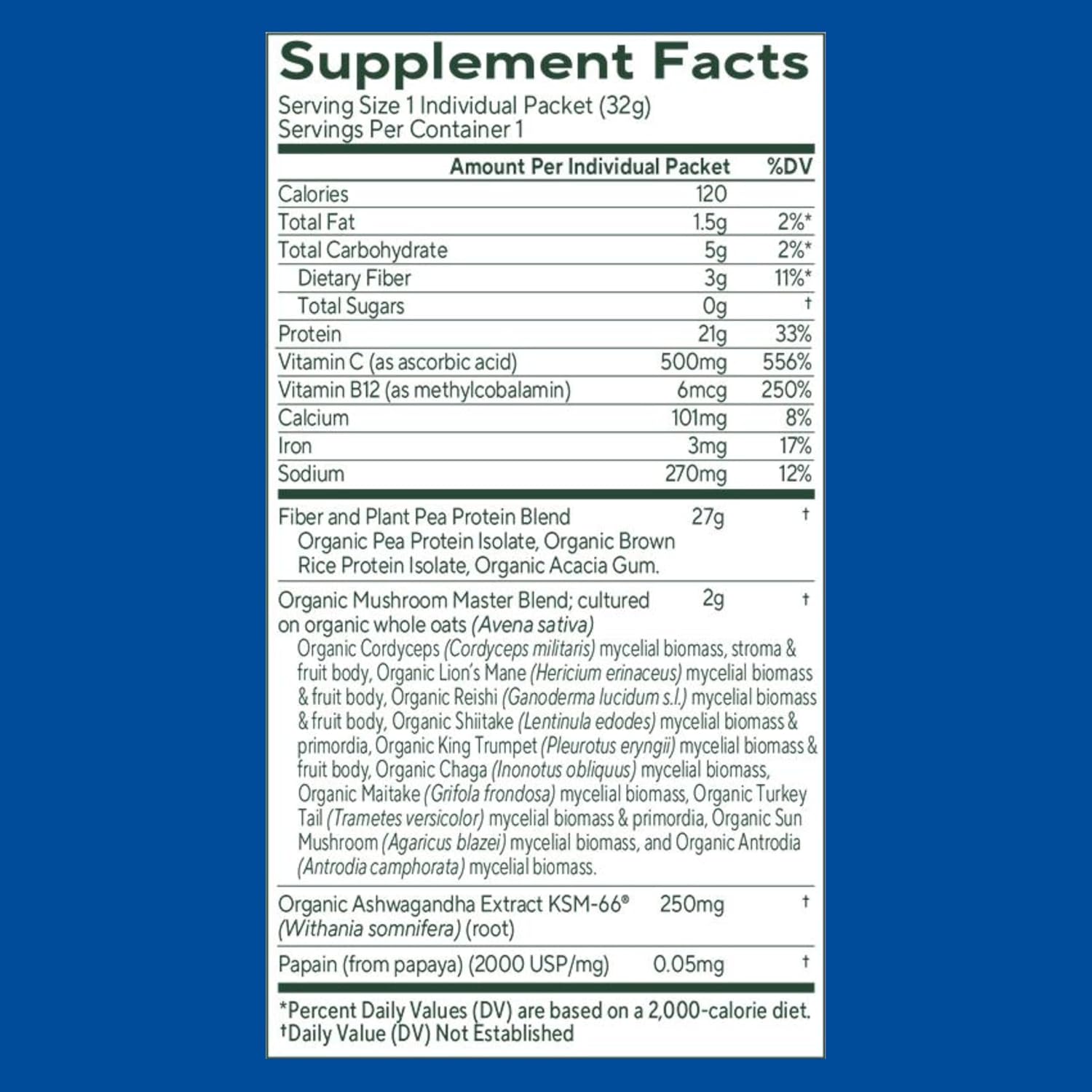 OM MUSHROOM SUPERFOOD Master Blend Mushrooms & Adaptogens, Creamy Vanilla Plant Protein, Single Serve, 10 Count, 10 Mushroom Complex, Lion's Mane, Ashwagandha, Stress Relief, GLP-1 Support