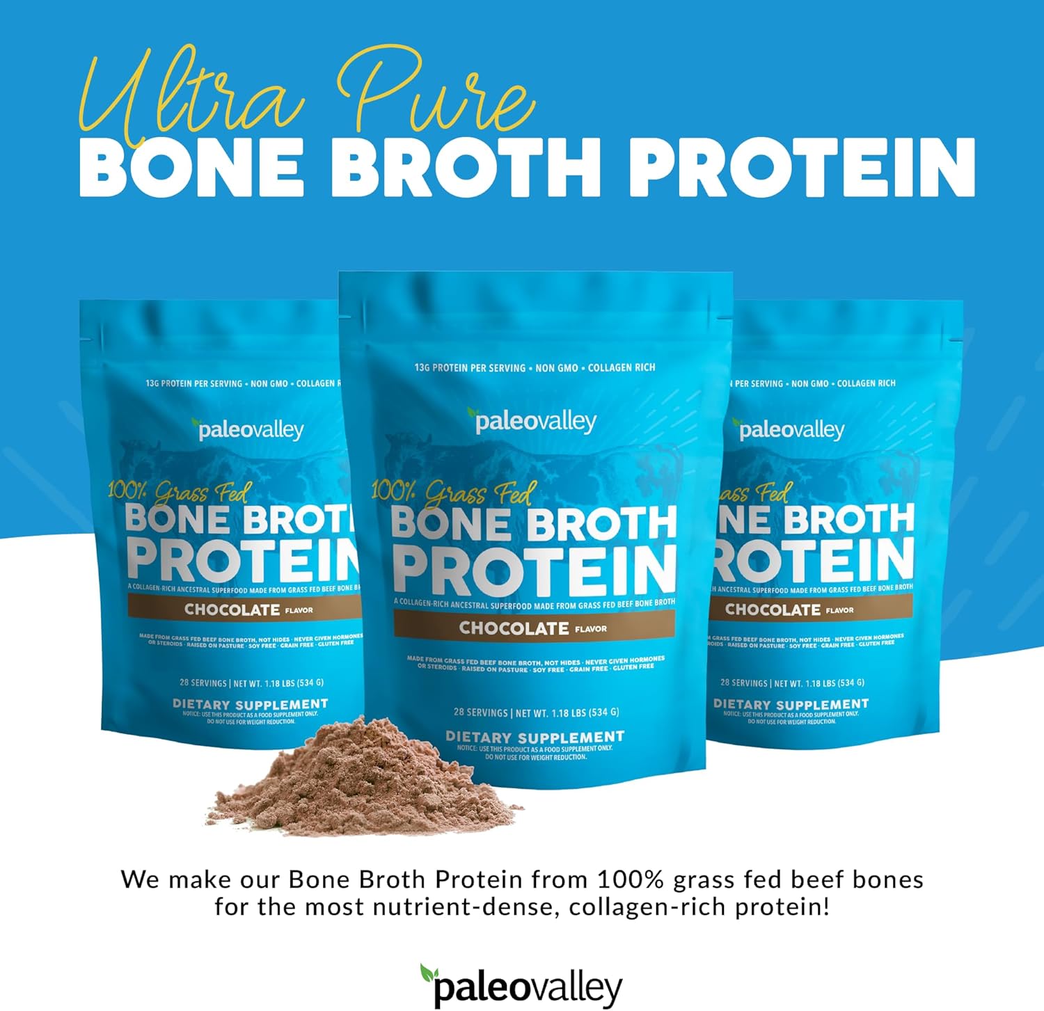 Paleovalley 100% Grass Fed Bone Broth Protein Powder - Chocolate - Rich in Collagen for Hair, Skin, Gut Health, Bone and Joint Support - 28 Servings
