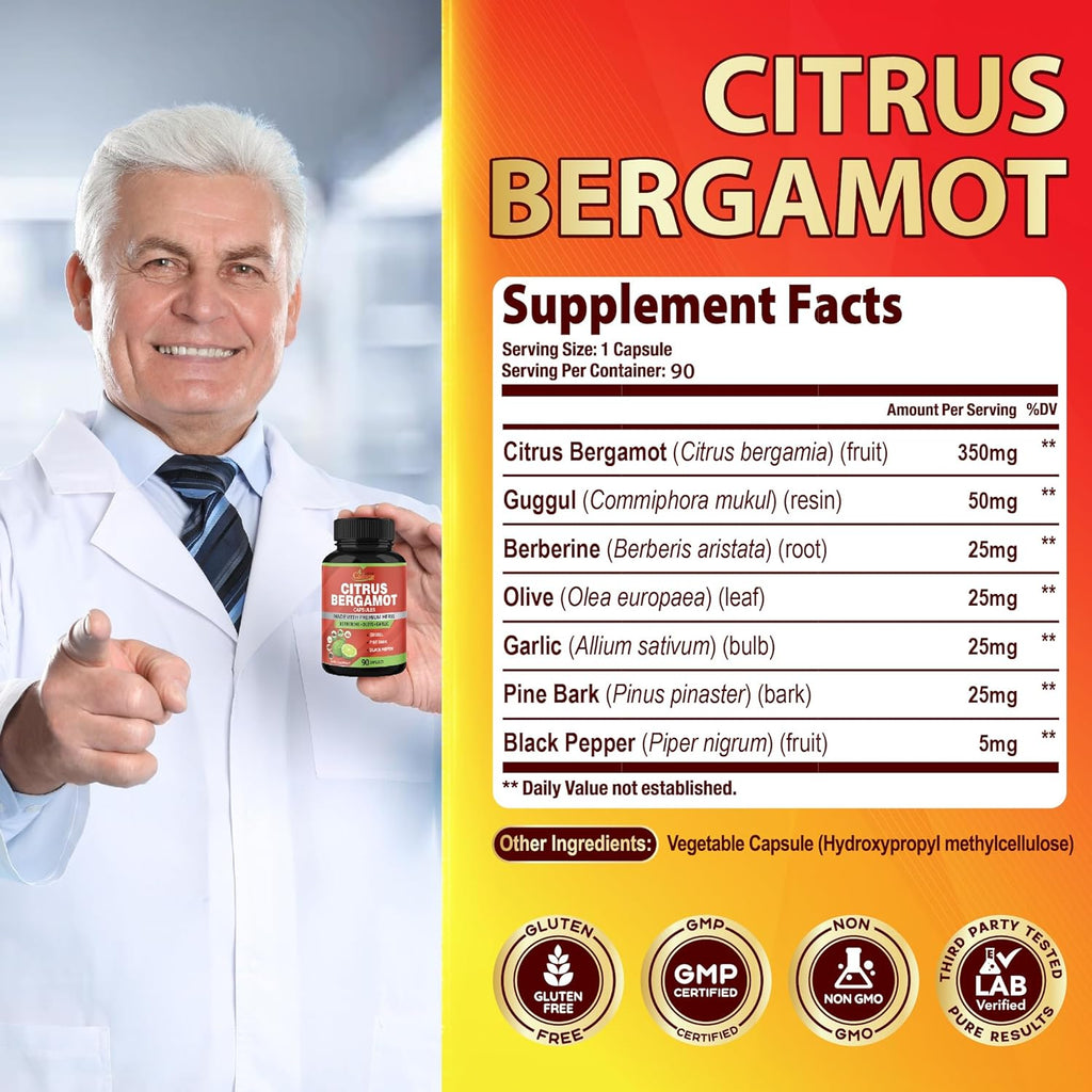 Organic Cadane Citrus Bergamot Supplement Extract Capsules, 90 Caps, 3 Months Supply & Berberine, Olive, Guggul, Garlic, Pine Bark, Black Pepper