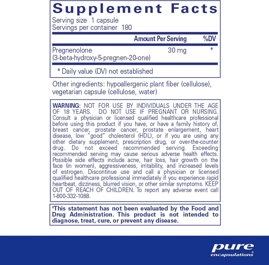 Pure Encapsulations Pregnenolone - 30 mg - Hormone Support - Memory Support & Brain Supplement - Gluten Free & Vegan - 180 Capsules