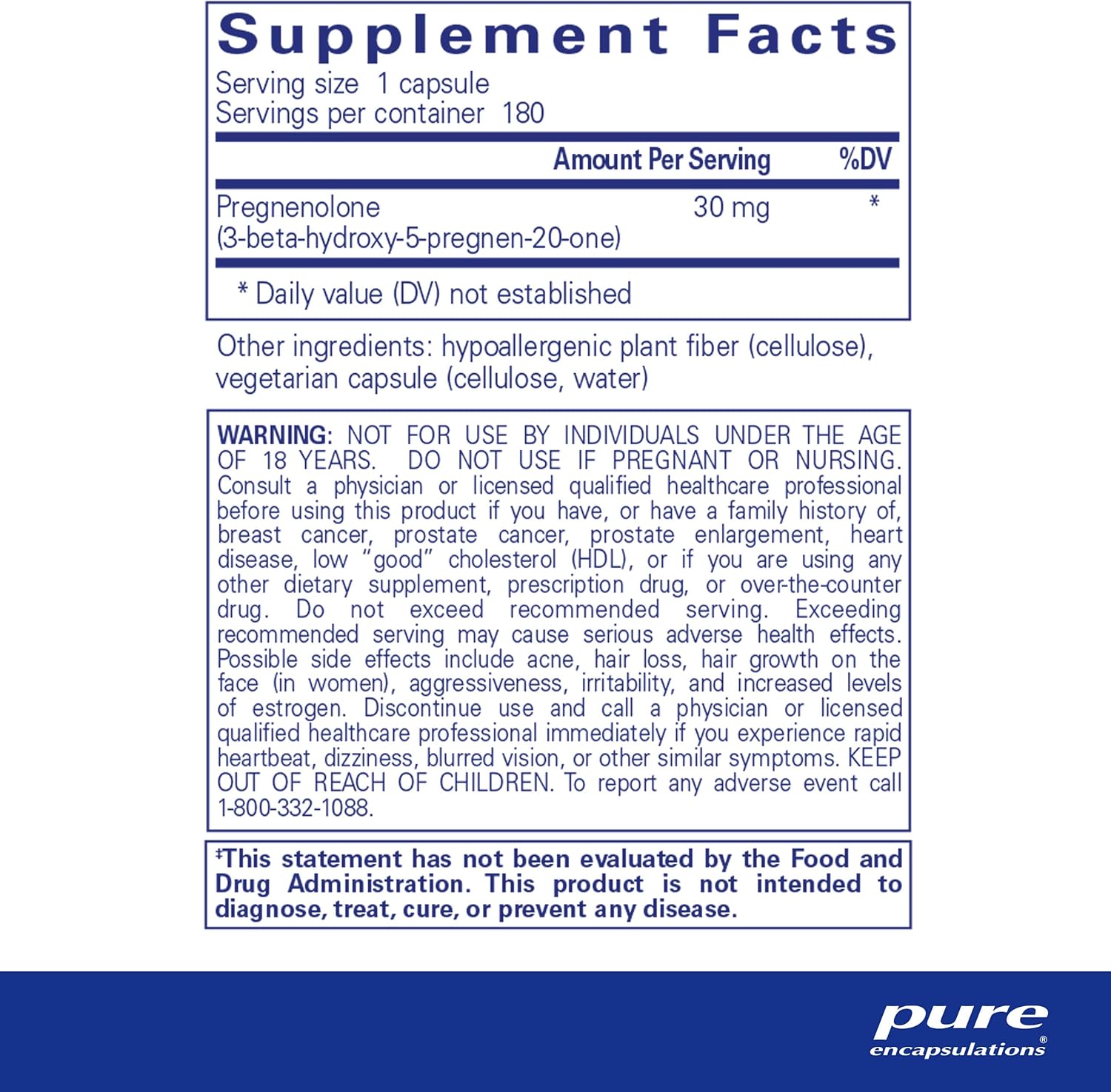 Pure Encapsulations Pregnenolone - 30 mg - Hormone Support - Memory Support & Brain Supplement - Gluten Free & Vegan - 180 Capsules