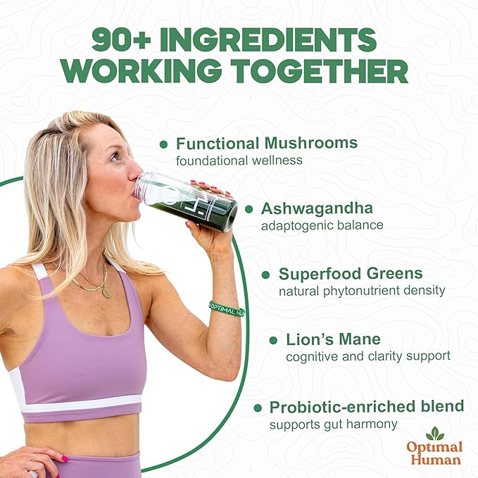 Optimal Human Superfood Greens Powder -90+ Ingredient Blend with Lion’s Mane Supplement, Ashwagandha & Turmeric – Non-GMO, Soy-Free,Mushroom Supplements for Women – 5-Day Sachets w/A Bottle- 0.21 oz
