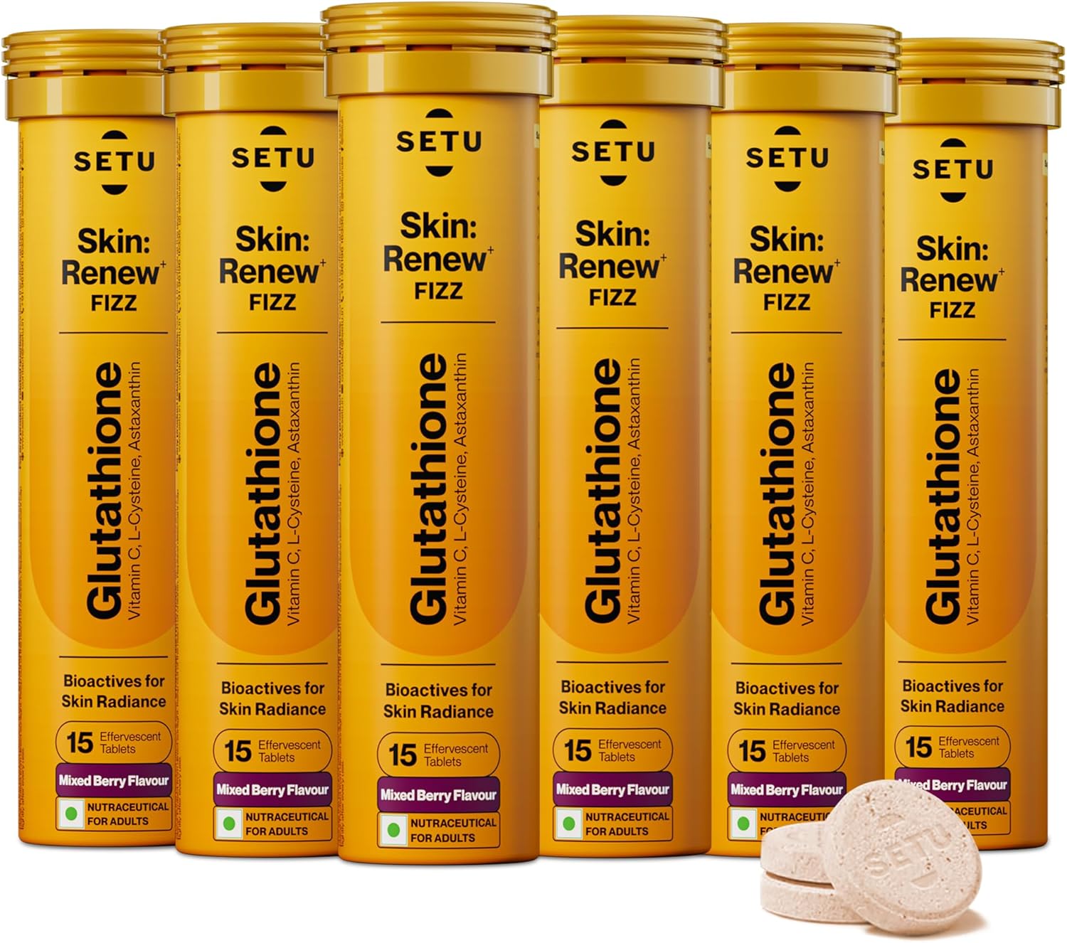 SETU Glutathione Effervescent Tablets with 500mg L-Glutathione & Vitamin C | Sugar-Free Antioxidant Supplement | Mixed Berry (Pack of 6)